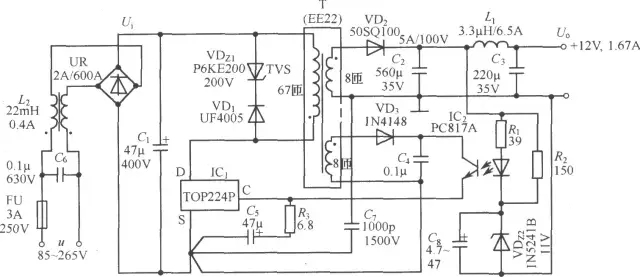 TOP224P構(gòu)成的12V、20W開關(guān)直流穩(wěn)壓電源電路